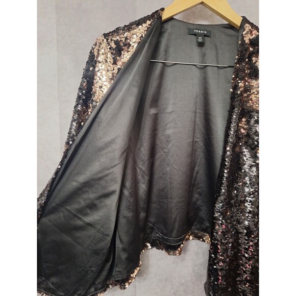 Torrid Black & Gold Sequin Open Front Kimono Blazer Cardigan 1X/2X Holiday Party - Picture 8 of 11